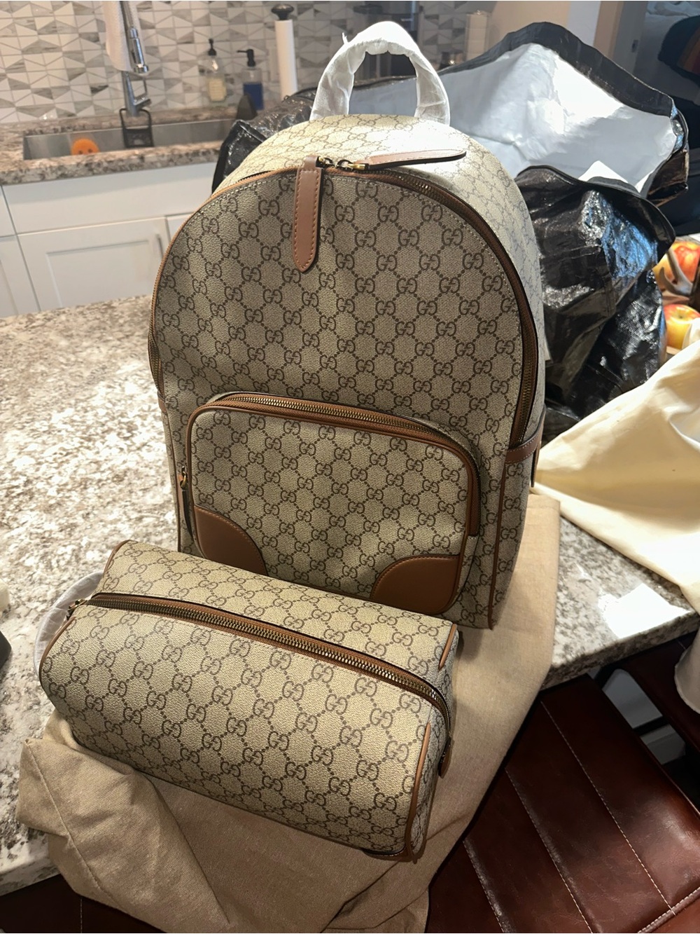 Gucci Beige Monogram Backpack with Matching Pouch